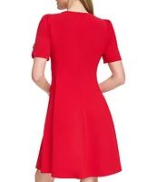 DKNY by Donna Karan Scuba Crepe Crew Neck Short Sleeve Front Pocket Fit and Flare Dress