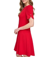 DKNY by Donna Karan Scuba Crepe Crew Neck Short Sleeve Front Pocket Fit and Flare Dress