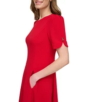 DKNY by Donna Karan Scuba Crepe Crew Neck Short Sleeve Front Pocket Fit and Flare Dress