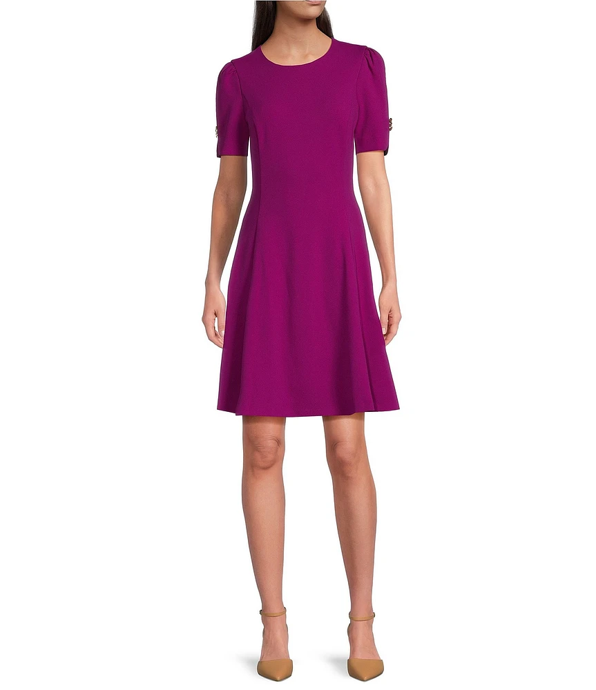 DKNY by Donna Karan Scuba Crepe Crew Neck Short Sleeve Front Pocket Fit and Flare Dress