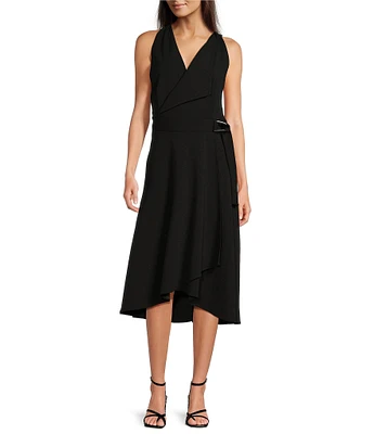 DKNY by Donna Karan Scuba Crepe V-Neck Lapel Sleeveless Wrap Midi Dress