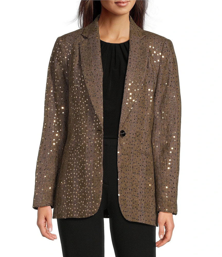 DKNY by Donna Karan Sequin Herringbone Notch Lapel 1-Button Blazer