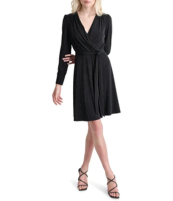 DKNY by Donna Karan Sequin Knit Surplice V-Neck Long Sleeve Tie Waist Mini Dress