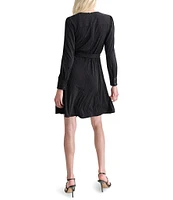 DKNY by Donna Karan Sequin Knit Surplice V-Neck Long Sleeve Tie Waist Mini Dress