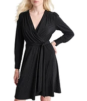 DKNY by Donna Karan Sequin Knit Surplice V-Neck Long Sleeve Tie Waist Mini Dress