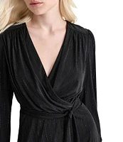 DKNY by Donna Karan Sequin Knit Surplice V-Neck Long Sleeve Tie Waist Mini Dress