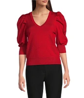 DKNY by Donna Karan Short Pleated Puffed Elbow Sleeve V-Neck Knit Top