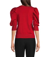 DKNY by Donna Karan Short Pleated Puffed Elbow Sleeve V-Neck Knit Top