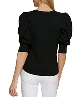 DKNY by Donna Karan Short Pleated Puffed Elbow Sleeve V-Neck Knit Top