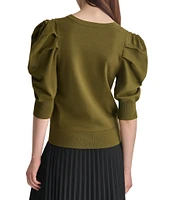 DKNY by Donna Karan Short Pleated Puffed Elbow Sleeve V-Neck Knit Top