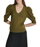 DKNY by Donna Karan Short Pleated Puffed Elbow Sleeve V-Neck Knit Top