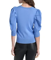 DKNY by Donna Karan Short Pleated Puffed Elbow Sleeve V-Neck Knit Top