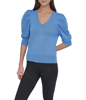 DKNY by Donna Karan Short Pleated Puffed Elbow Sleeve V-Neck Knit Top
