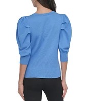 DKNY by Donna Karan Short Pleated Puffed Elbow Sleeve V-Neck Knit Top