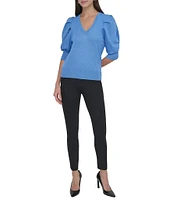 DKNY by Donna Karan Short Pleated Puffed Elbow Sleeve V-Neck Knit Top