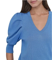 DKNY by Donna Karan Short Pleated Puffed Elbow Sleeve V-Neck Knit Top