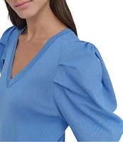 DKNY by Donna Karan Short Pleated Puffed Elbow Sleeve V-Neck Knit Top
