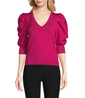 DKNY by Donna Karan Short Pleated Puffed Elbow Sleeve V-Neck Knit Top