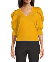 DKNY by Donna Karan Short Pleated Puffed Elbow Sleeve V-Neck Knit Top