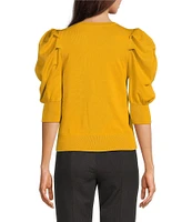 DKNY by Donna Karan Short Pleated Puffed Elbow Sleeve V-Neck Knit Top