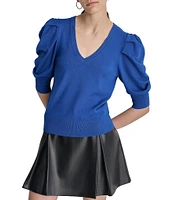 DKNY by Donna Karan Short Pleated Puffed Elbow Sleeve V-Neck Knit Top