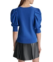 DKNY by Donna Karan Short Pleated Puffed Elbow Sleeve V-Neck Knit Top