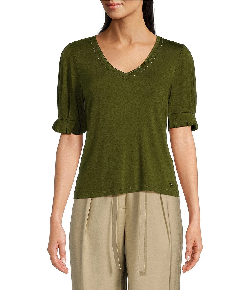 DKNY by Donna Karan Short Sleeve Gem Embellished V-Neck Top