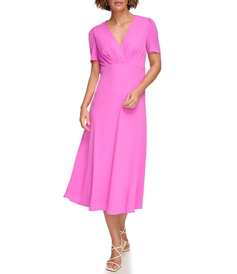DKNY by Donna Karan Short Sleeve Surplice V-Neck Midi Dress