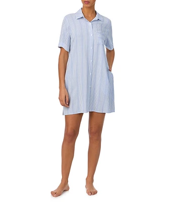 DKNY Short Sleeve Woven Button-Front Seersucker Striped Nightshirt