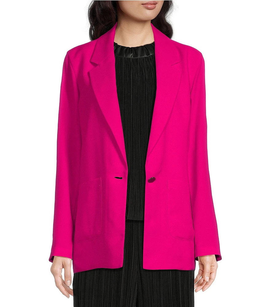 DKNY by Donna Karan Solid Satin Notch Collar Long Sleeve Patch Pocket Button Front Blazer