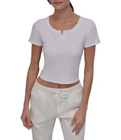 DKNY Sport by Donna Karan Ribbed Notched Crew Neck Short Sleeve Cropped Tee