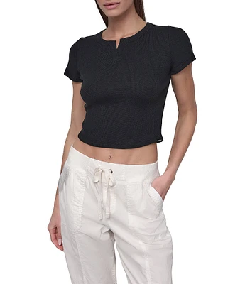 DKNY Sport by Donna Karan Ribbed Notched Crew Neck Short Sleeve Cropped Tee