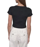 DKNY Sport by Donna Karan Ribbed Notched Crew Neck Short Sleeve Cropped Tee
