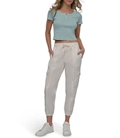 DKNY Sport by Donna Karan Ribbed Notched Crew Neck Short Sleeve Cropped Tee