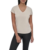 DKNY Sport by Donna Karan V Neck Short Sleeve Tech Ruched Side Seam Tee