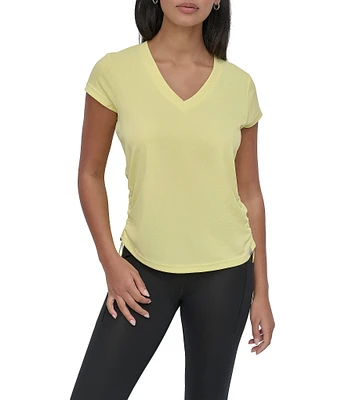 DKNY Sport by Donna Karan V Neck Short Sleeve Tech Ruched Side Seam Tee