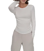 DKNY Sport by Donna Karen Platinum Ribbed Crew Neck Long Sleeve Side Ruching Top