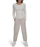 DKNY Sport by Donna Karen Platinum Ribbed Crew Neck Long Sleeve Side Ruching Top