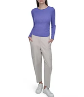 DKNY Sport by Donna Karen Platinum Ribbed Crew Neck Long Sleeve Side Ruching Top