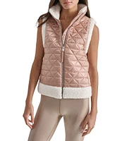 DKNY by Donna Karan Sport Cropped Diamond Novelty Quilted Mock Neck Puffer Vest With Sherpa