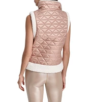 DKNY by Donna Karan Sport Cropped Diamond Novelty Quilted Mock Neck Puffer Vest With Sherpa