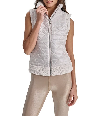 DKNY by Donna Karan Sport Cropped Diamond Novelty Quilted Mock Neck Puffer Vest With Sherpa