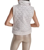 DKNY by Donna Karan Sport Cropped Diamond Novelty Quilted Mock Neck Puffer Vest With Sherpa