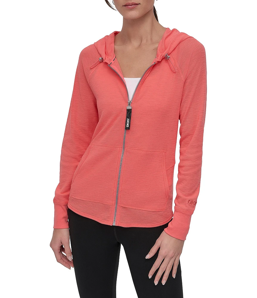 DKNY Sport by Donna Karan Long Sleeve Full Zip Mini Slub Waffle Pocketed Hoodie