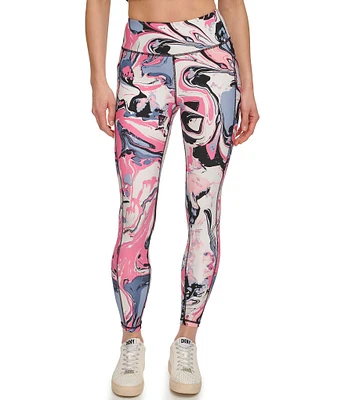 DKNY Sport Marble Printed Stretch High Waist Pocketed 7/8 Length Leggings