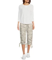 DKNY Sport by Donna Karan Peached Poplin Ribbed Waist Camo Print Convertible Cinched Cargo Capri Pull-On Pant