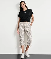 DKNY Sport by Donna Karan Peached Poplin Ribbed Waist Camo Print Convertible Cinched Cargo Capri Pull-On Pant