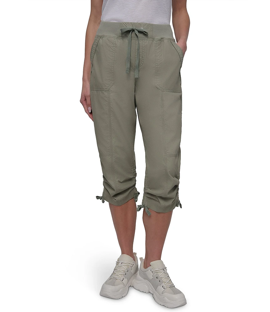 DKNY Sport by Donna Karan Peached Poplin Ribbed Waist Convertible Cinched Cargo Capri Pull-On Pant