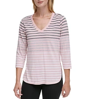 DKNY Sport by Donna Karan Stretch Stripe Jersey Knit V-Neck 3/4 Sleeve Tee