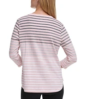 DKNY Sport by Donna Karan Stretch Stripe Jersey Knit V-Neck 3/4 Sleeve Tee